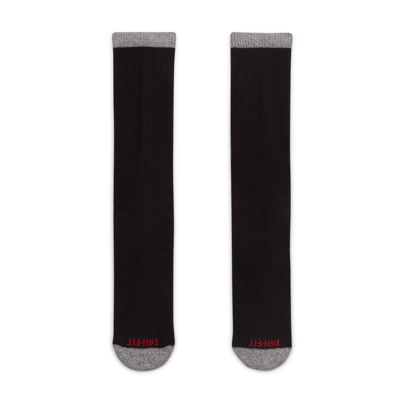 Black crew socks with gray ribbed cuffs and gray heel/toe accents