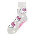 Adult mid-crew socks in light grey with Hello Kitty faces, pink bows, and white dots
