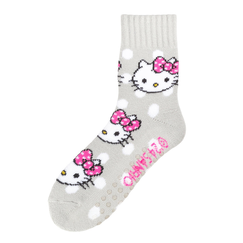 Adult mid-crew socks in light grey with Hello Kitty faces, pink bows, and white dots