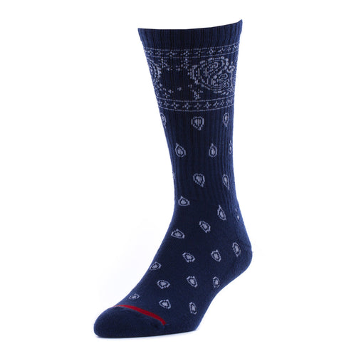 Navy crew socks with bandana-inspired pattern and contrast toe detail