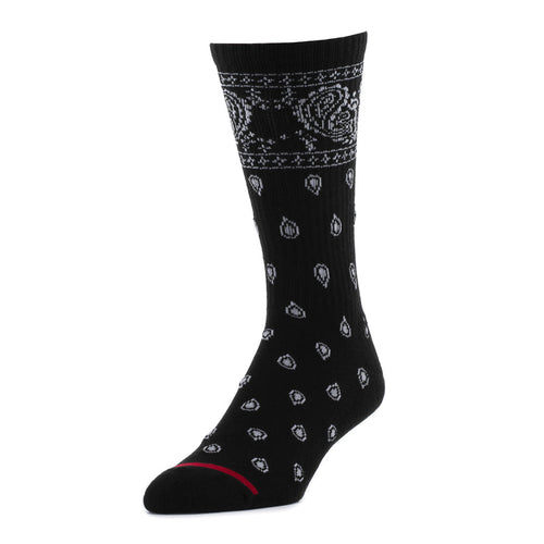 Black crew socks with repeating light patterned motifs