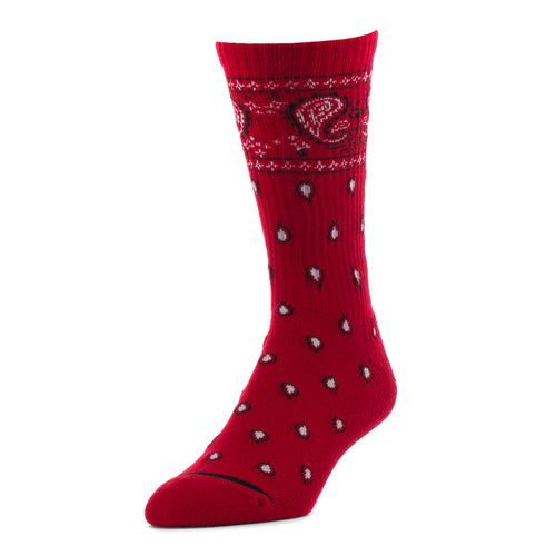 Red bandana crew socks with half cushioning, patterned knit.