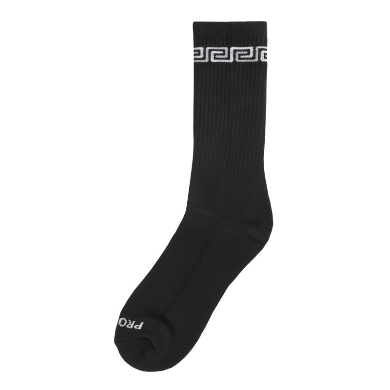 Black link-pattern crew sock with ribbed knit and white Greek-key band
