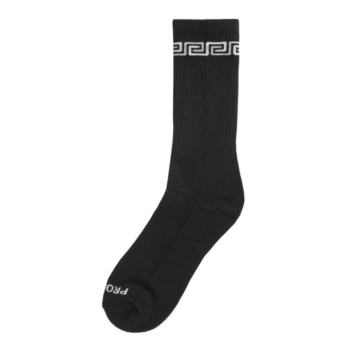 Black link-pattern crew sock with ribbed knit and white Greek-key band