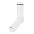White link-style crew sock with ribbed texture and black patterned cuff