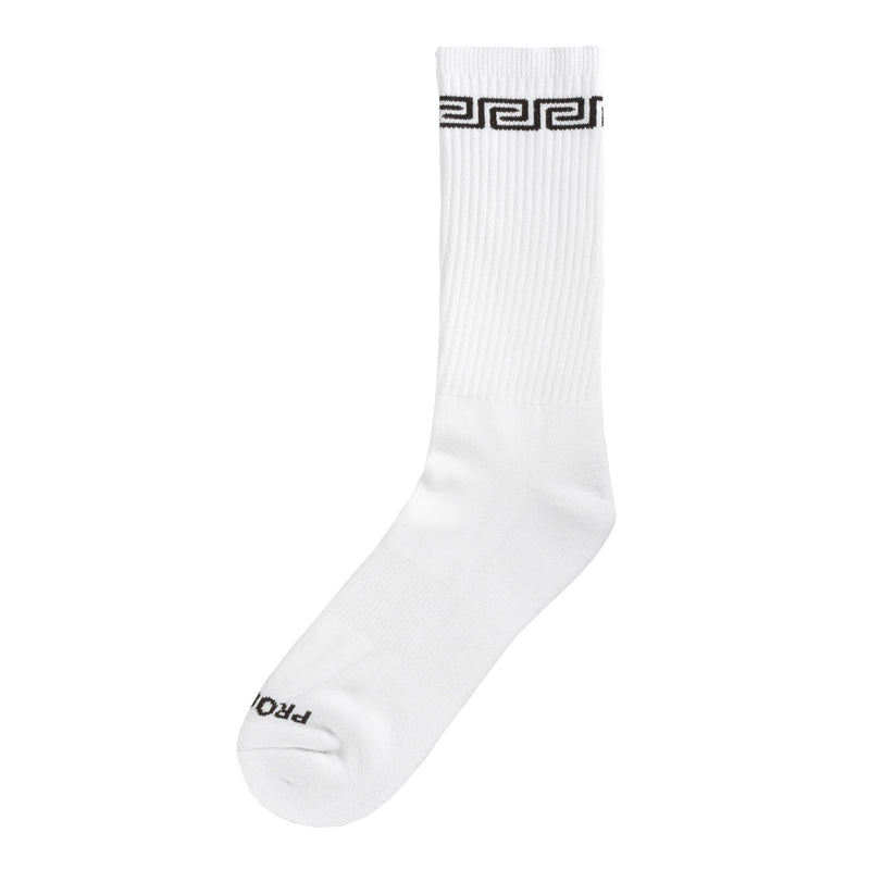 White link-style crew sock with ribbed texture and black patterned cuff
