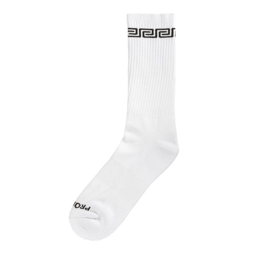 White link-style crew sock with ribbed texture and black patterned cuff