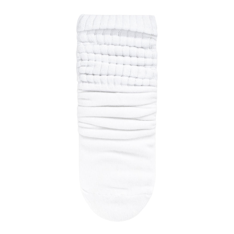 Medium scrunch sock in white, textured gathered cuff and stretchy knit