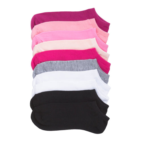 10-pack medium no-show socks in assorted pink, purple, gray, white, and black