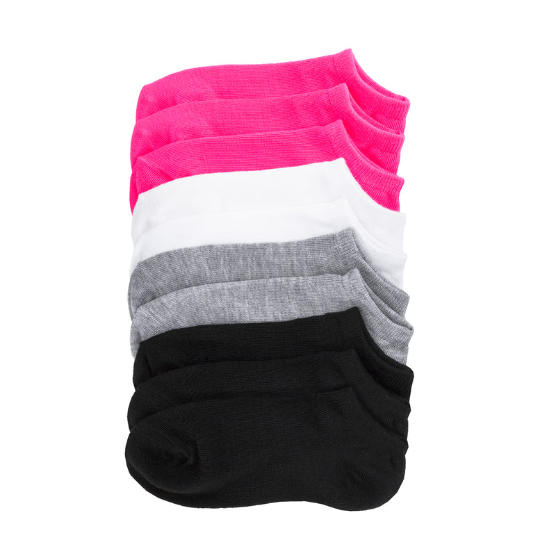 10-pack no-show socks, x-small, pink, white, grey, and black folded
