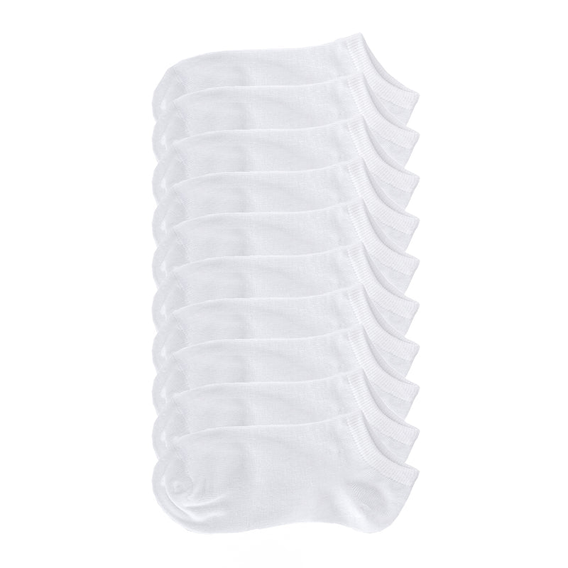 10-pack x-small white no-show socks, low-cut ankle liners, soft knit.