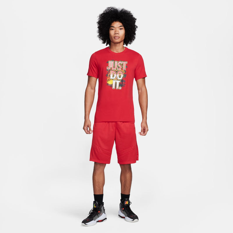 Men's university red short athletic set, matching t-shirt and shorts in front view