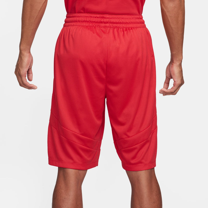 Men's university red athletic shorts front view with elastic waistband and textured fabric