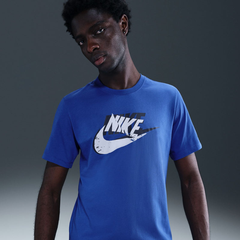 Men's blue T-shirt with Nike logo graphic on chest