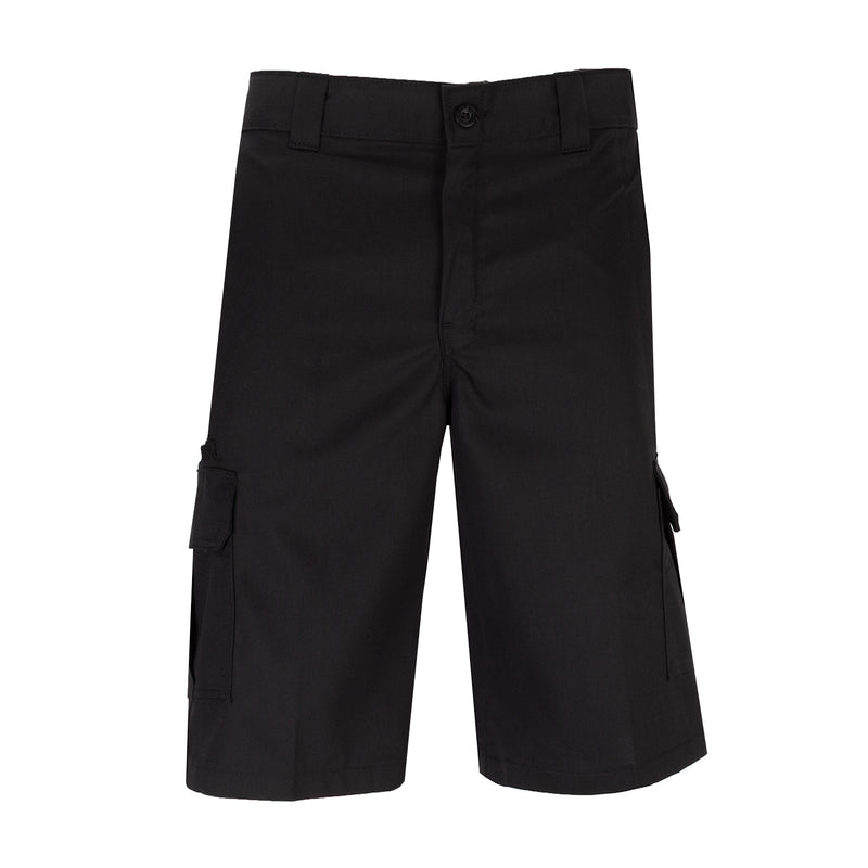 Men's black cargo work shorts, front view with button waistband and side cargo pockets