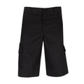 Men's black cargo work shorts, front view with button waistband and side cargo pockets