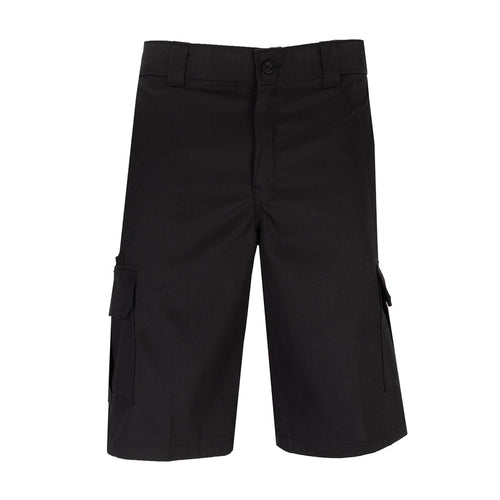 Men's black cargo work shorts, front view with button waistband and side cargo pockets