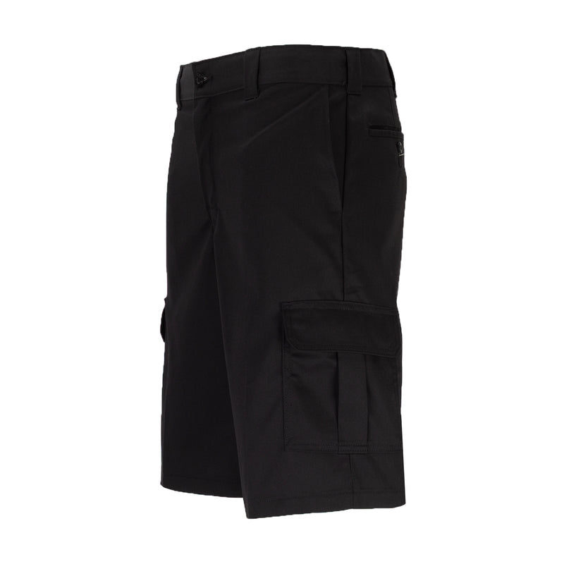 Men's black cargo work shorts, back view with flap cargo pocket and belt loops