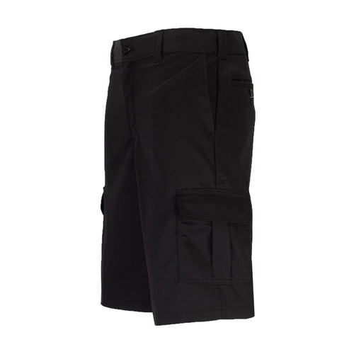 Men's black cargo work shorts, back view with flap cargo pocket and belt loops