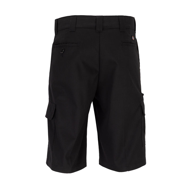 Men's black 13-inch cargo work shorts, front view, cargo pockets and belt loops
