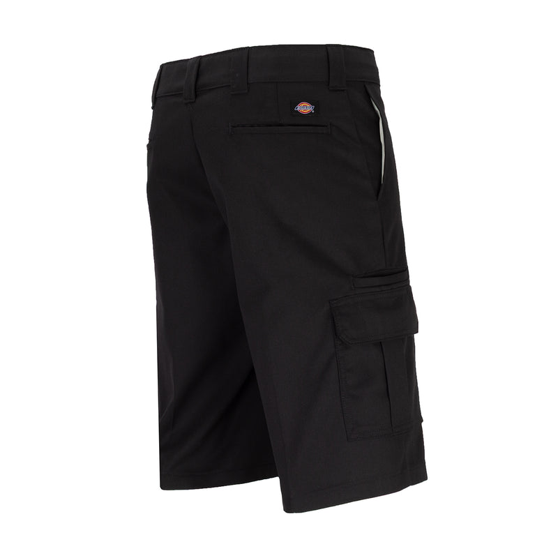 Men's black cargo work shorts, side view with flap cargo pocket, belt loops
