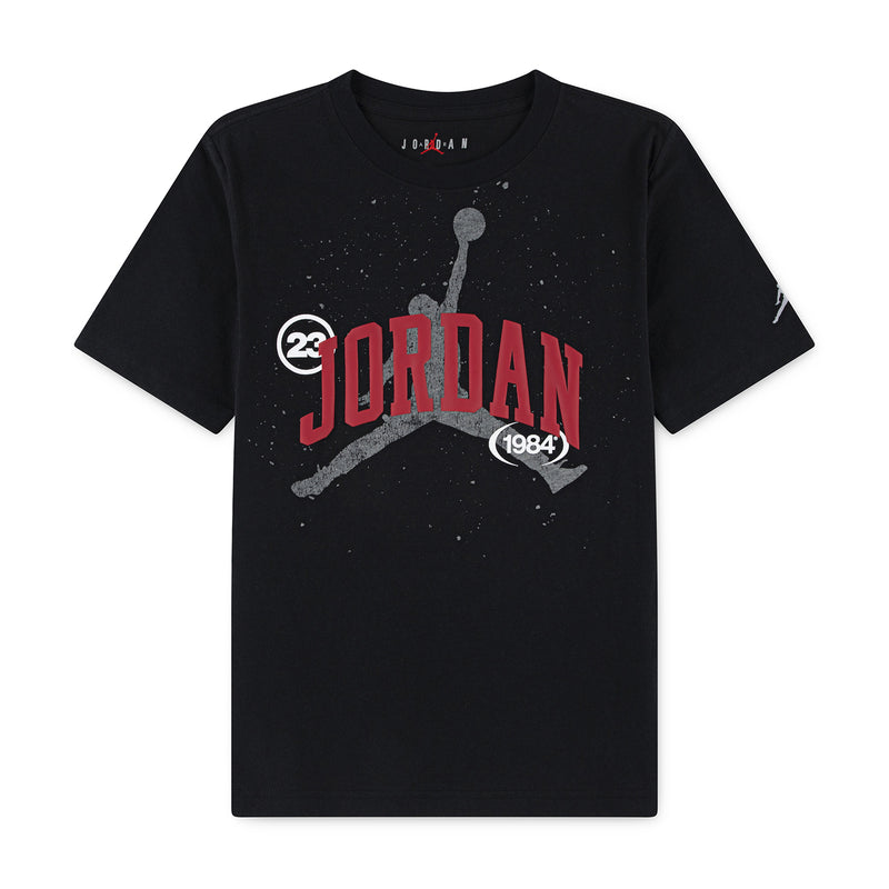 Youth black graphic T-shirt with red Jordan and 1984 logo on front