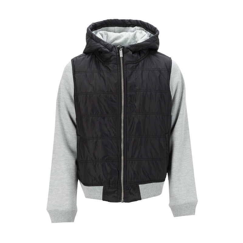 Youth puffer jacket with hood, black quilted body, gray sleeves, full zip