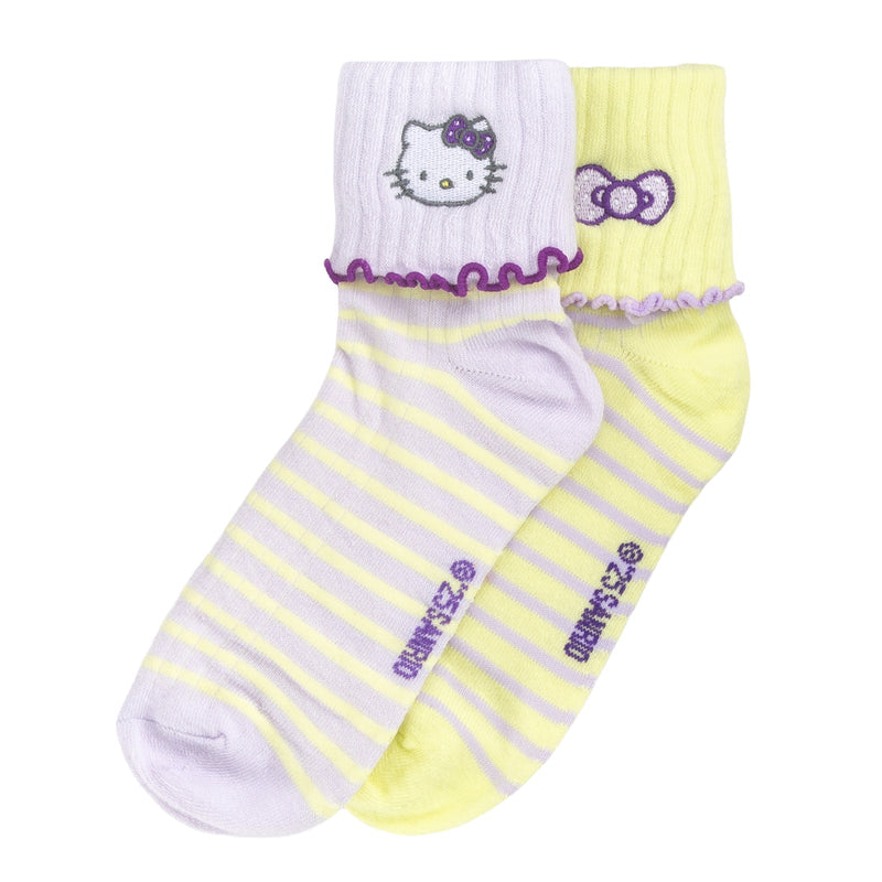 2-pack adult quarter socks: purple/lime stripes, Hello Kitty embroidery, lettuce-edge cuffs.