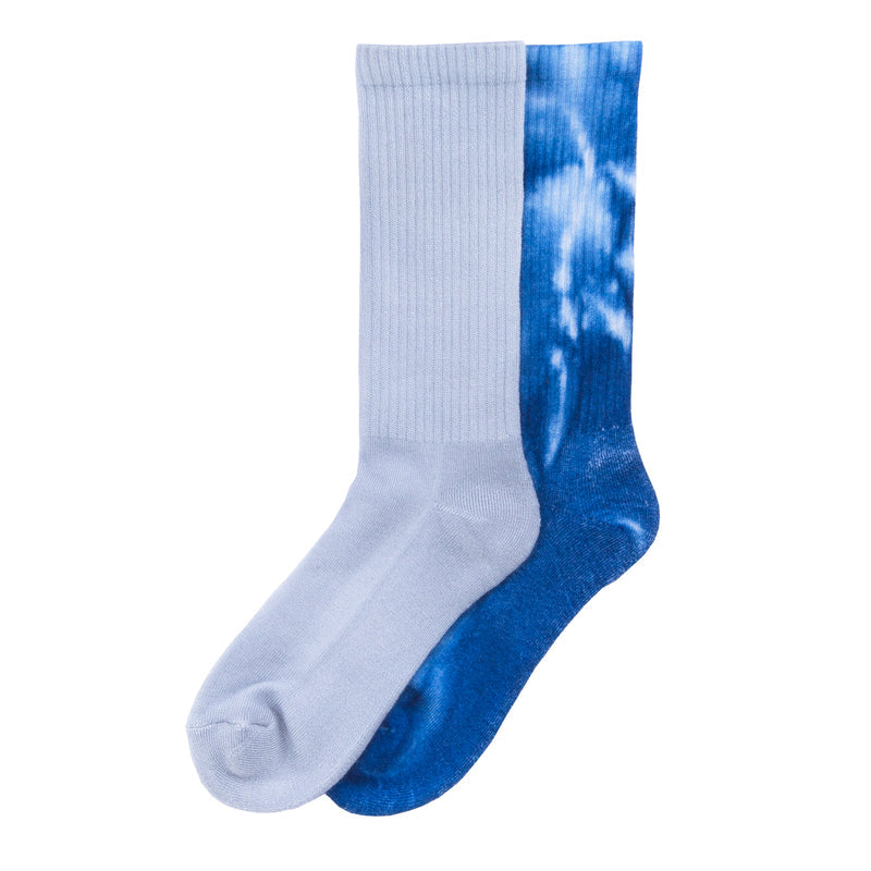 2-pack medium crew socks: light blue solid and blue tie-dye pairs