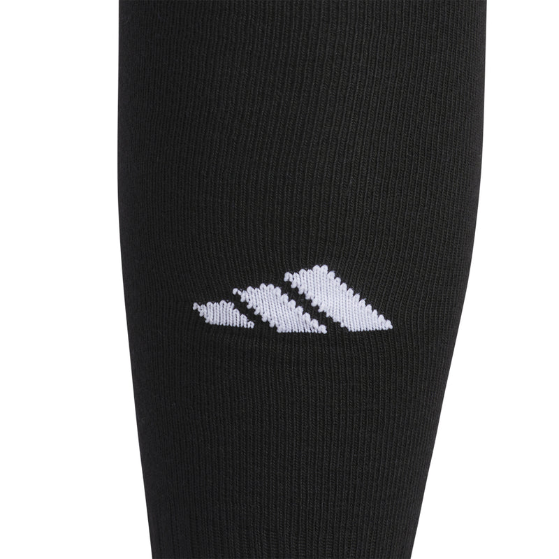 Black crew sock leg with small white striped logo detail