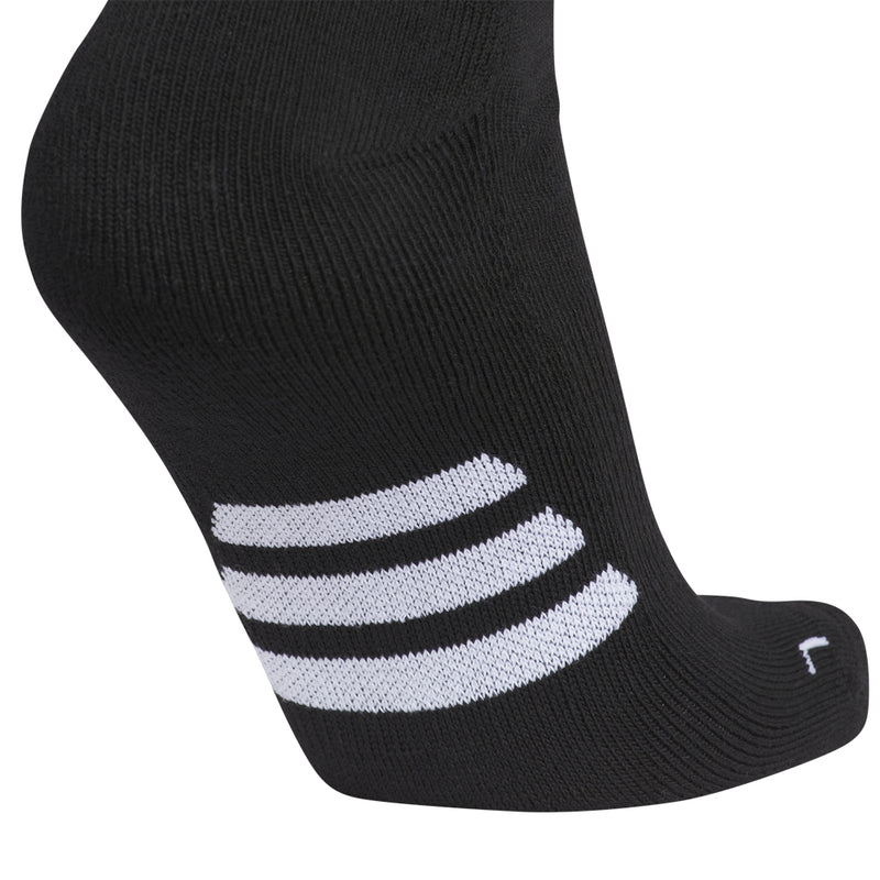 Black crew sock with white horizontal stripes across the ankle