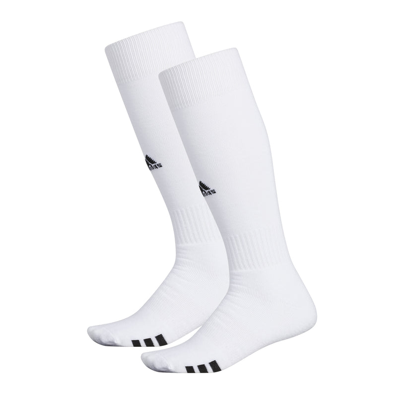 2-pack over-the-calf white socks with black logo and toe stripes