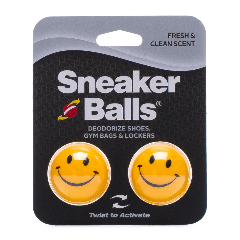 2-pack yellow smiley sneaker deodorizer balls in blister card package