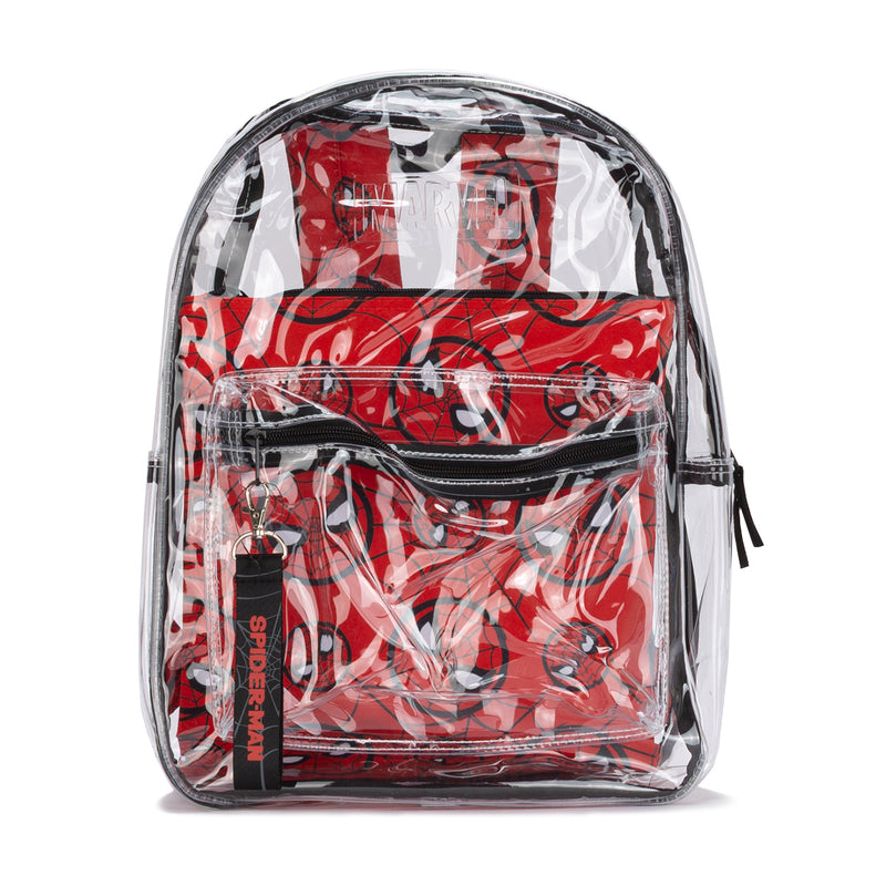 Clear backpack pouch set with red Spider-Man web graphics, zip front and black trim