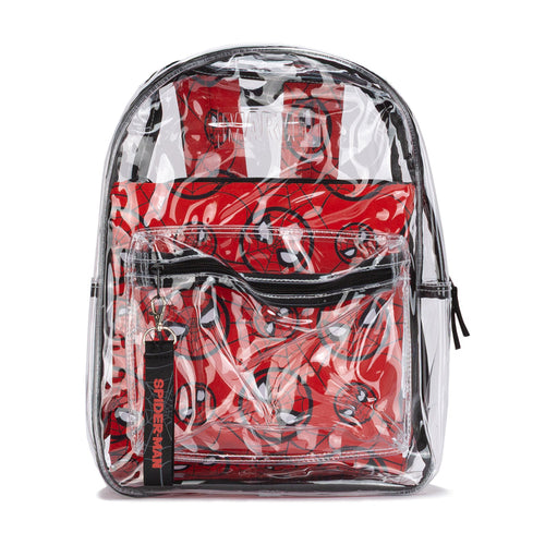 Clear backpack pouch set with red Spider-Man web graphics, zip front and black trim