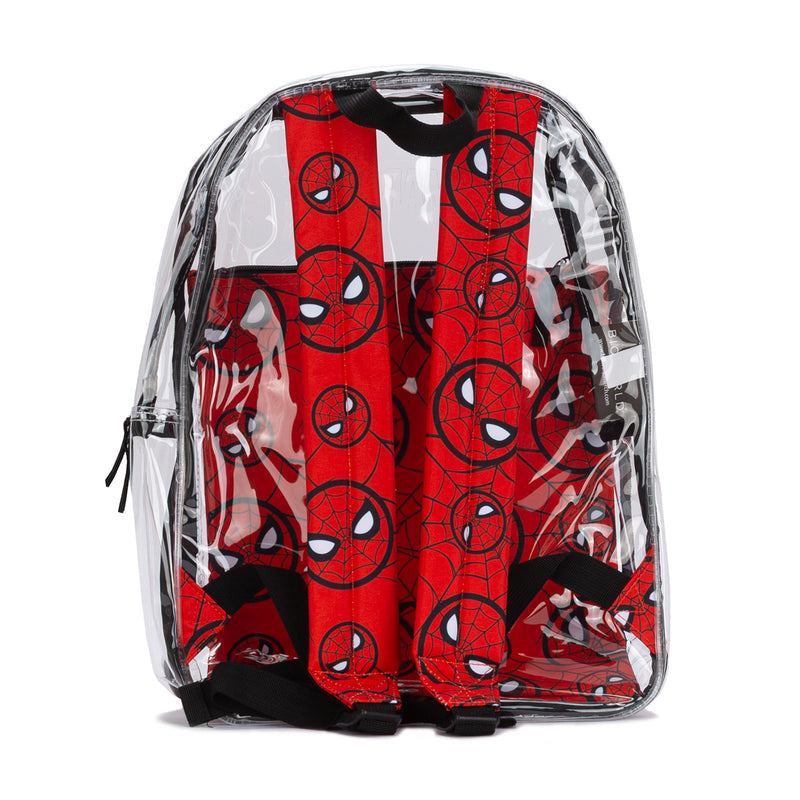 Clear Spider-Man backpack pouch with repeating red face pattern and black bottom panel