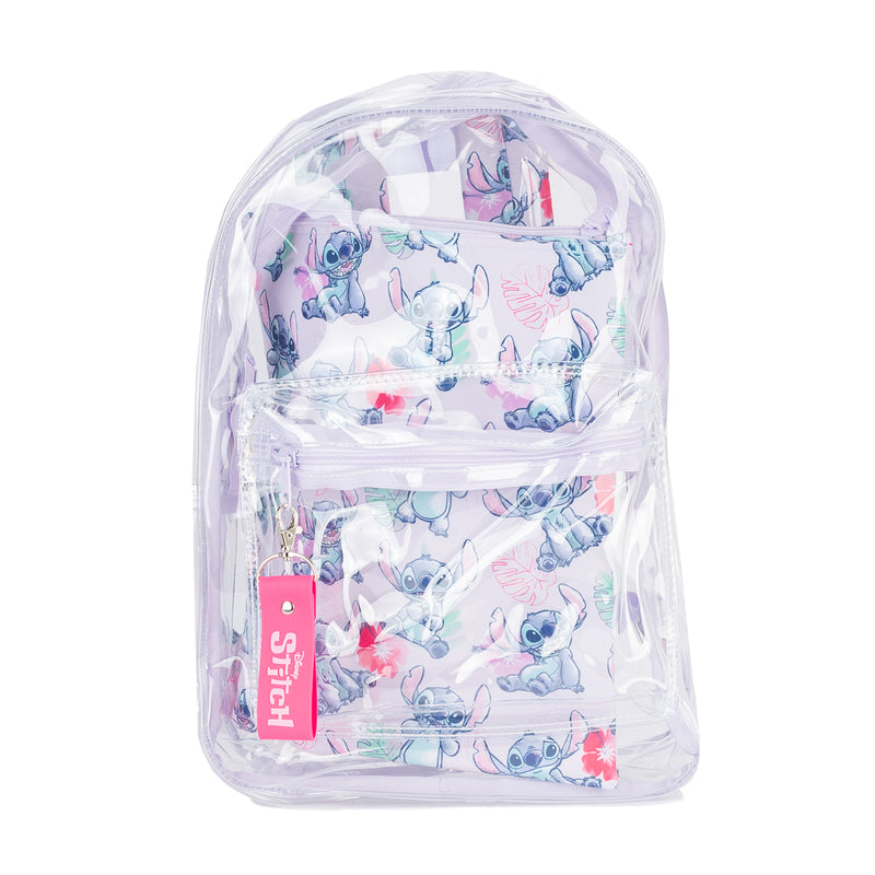 Clear backpack with Stitch character print, front zip pocket, and pink tag