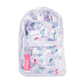 Clear backpack with Stitch character print, front zip pocket, and pink tag