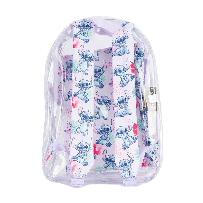 Clear backpack with allover Stitch print, adjustable straps, and back panel view