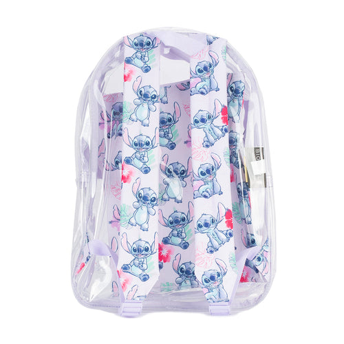 Clear backpack with allover Stitch print, adjustable straps, and back panel view