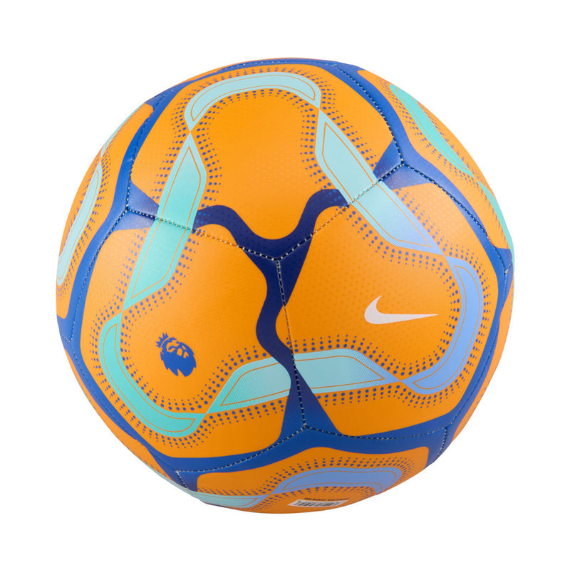 Premier League pitch soccer ball, orange and blue with Nike swoosh and circular league crest