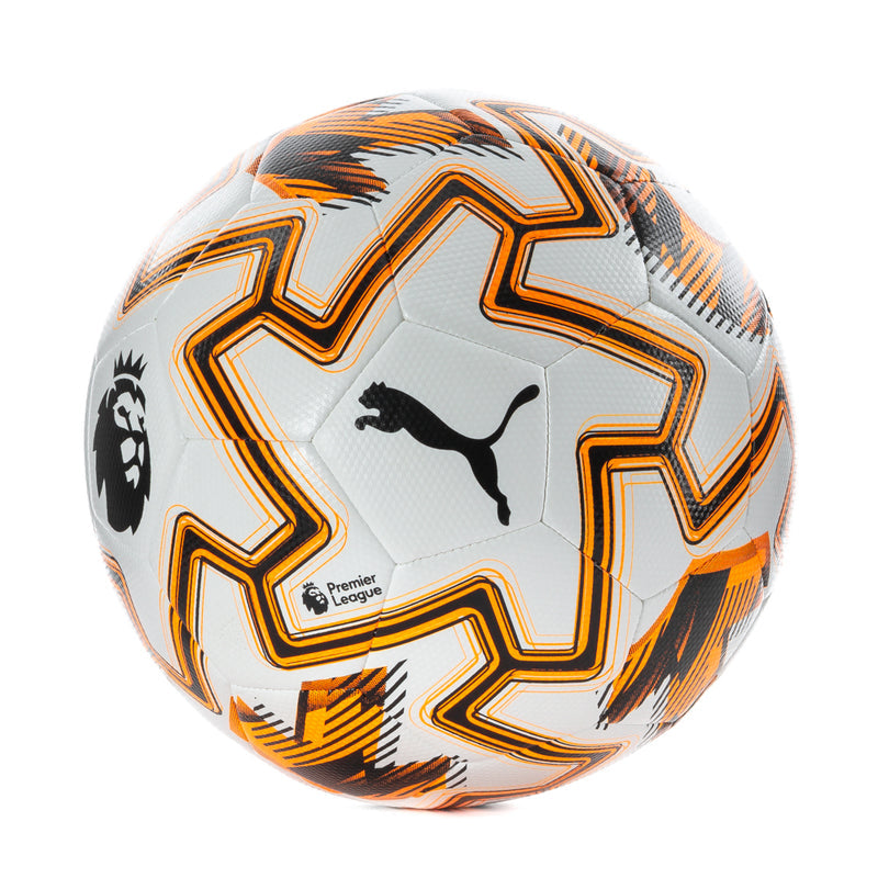 White soccer ball with orange graphics, Puma logo, Premier League emblem
