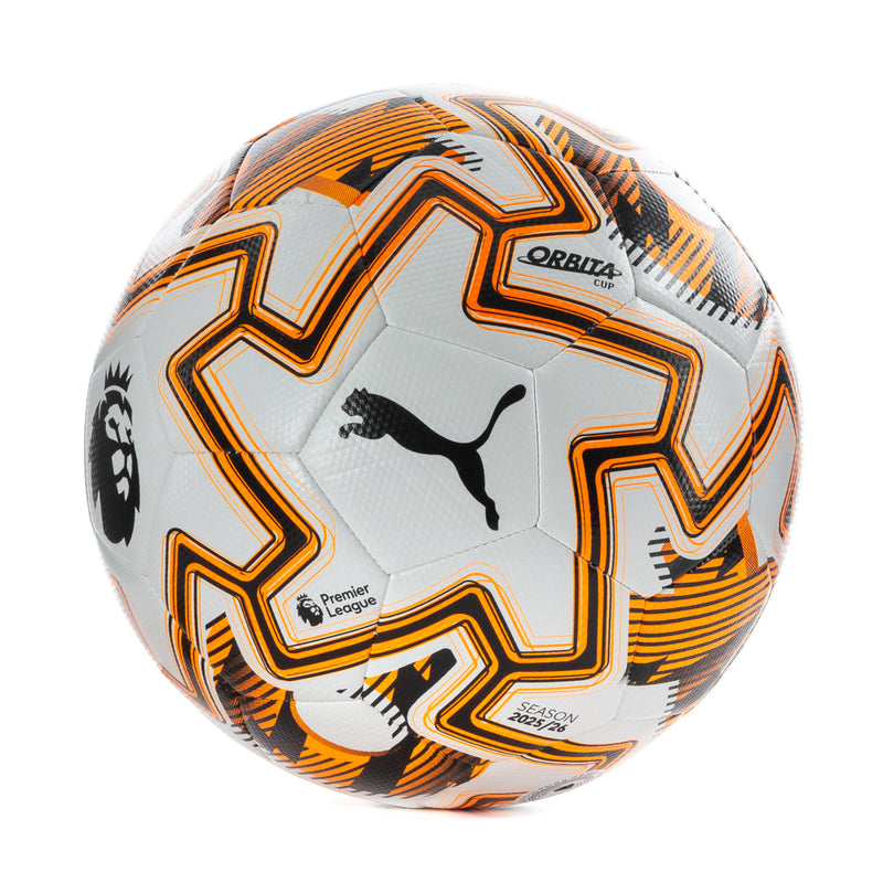 White soccer ball with orange patterns, Puma logo, Orbita Cup and season text