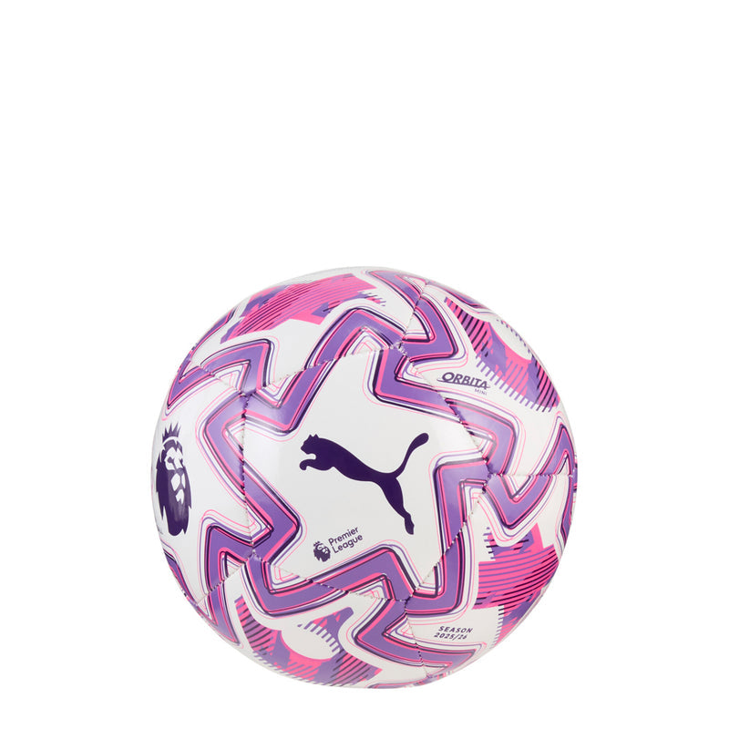 White mini soccer ball with purple and pink geometric graphics and Puma logo