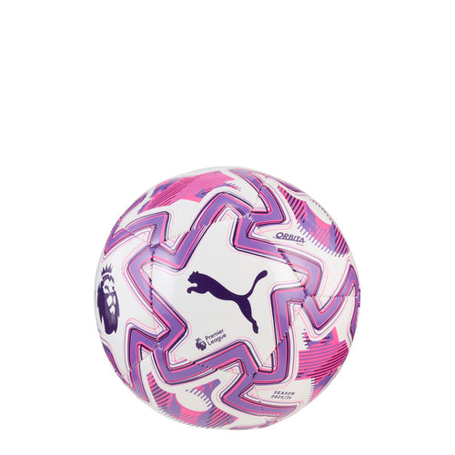 White mini soccer ball with purple and pink geometric graphics and Puma logo