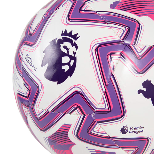 Close-up white mini soccer ball with purple/pink Premier League lion and Puma logo