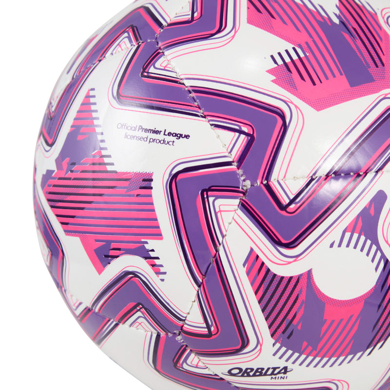 White mini soccer ball with purple and pink swirl patterns and ORBITA branding