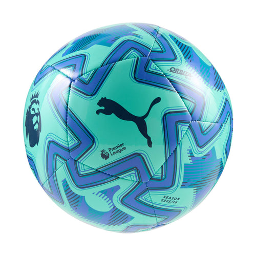 Teal and blue Premier League match ball with geometric panels and Puma logo.