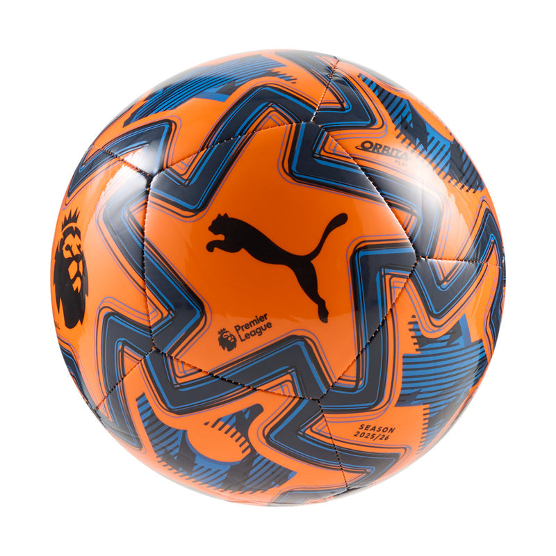 Orange and blue Premier League match ball with geometric panels and Puma logo
