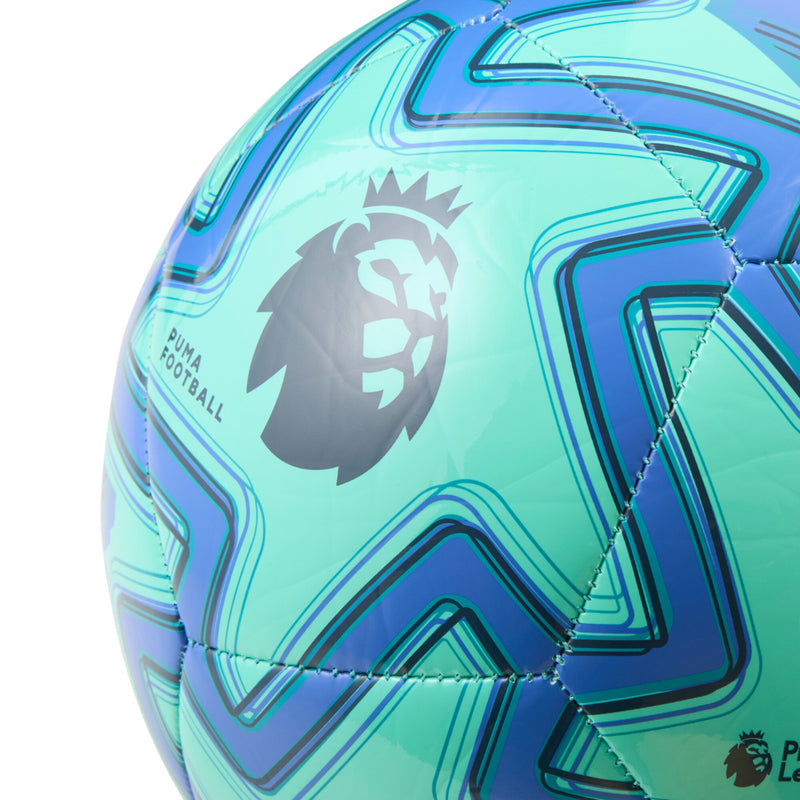 Teal-blue football with Premier League lion emblem and outlined geometric pattern.